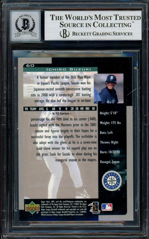 Ichiro Suzuki Autographed 2001 Upper Deck MVP Rookie Card #60 Seattle Mariners Auto Grade Gem Mint 10 Signed in Blue Beckett BAS Stock #194285 - RSA
