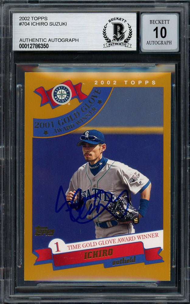 Ichiro Suzuki Autographed 2002 Topps Card #704 Seattle Mariners Auto Grade Gem Mint 10 Beckett BAS Stock #194321 - RSA