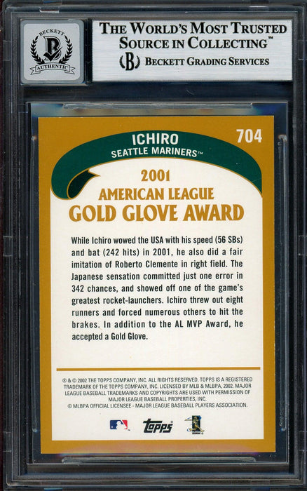 Ichiro Suzuki Autographed 2002 Topps Card #704 Seattle Mariners Auto Grade Gem Mint 10 Beckett BAS Stock #194321 - RSA