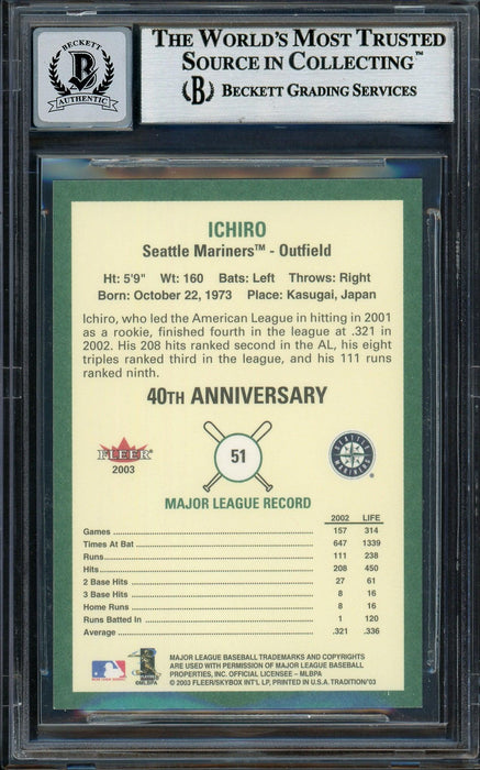 Ichiro Suzuki Autographed 2003 Fleer Tradition Card #51 Seattle Mariners Auto Grade Gem Mint 10 Beckett BAS #12786401 - RSA
