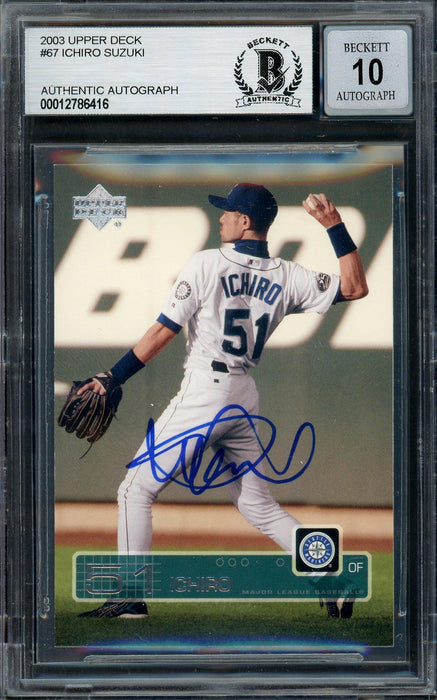 Ichiro Suzuki Autographed 2003 Upper Deck Card #67 Seattle Mariners Auto Grade Gem Mint 10 Beckett BAS Stock #194343 - RSA
