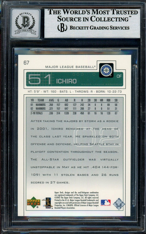 Ichiro Suzuki Autographed 2003 Upper Deck Card #67 Seattle Mariners Auto Grade Gem Mint 10 Beckett BAS Stock #194343 - RSA