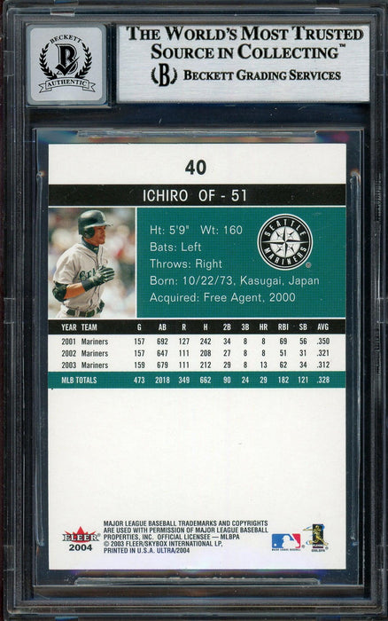 Ichiro Suzuki Autographed 2004 Fleer Ultra Card #40 Seattle Mariners Auto Grade Gem Mint 10 Beckett BAS #12786430 - RSA