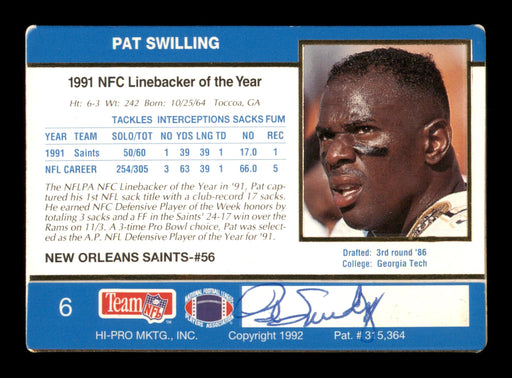 Pat Swilling Autographed 1992 Action Packed 24-KT Card #6 New Orleans Saints SKU #204027 - RSA
