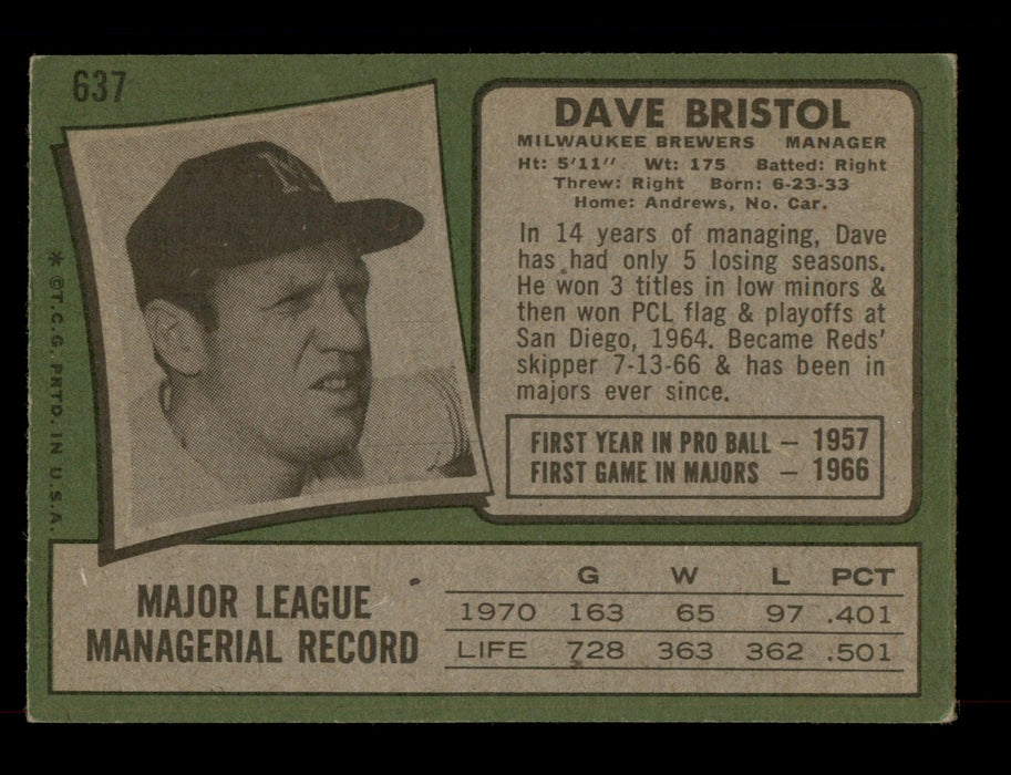 Dave Bristol Autographed 1971 Topps Card #637 Milwaukee Brewers SKU #204222 - RSA