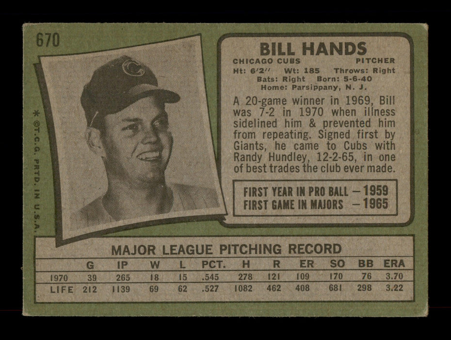 Bill Hands Autographed 1971 Topps Card #670 Chicago Cubs SKU #204225 - RSA