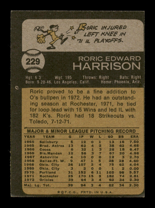 Roric Harrison Autographed 1973 Topps Card #229 Baltimore Orioles SKU #204293 - RSA