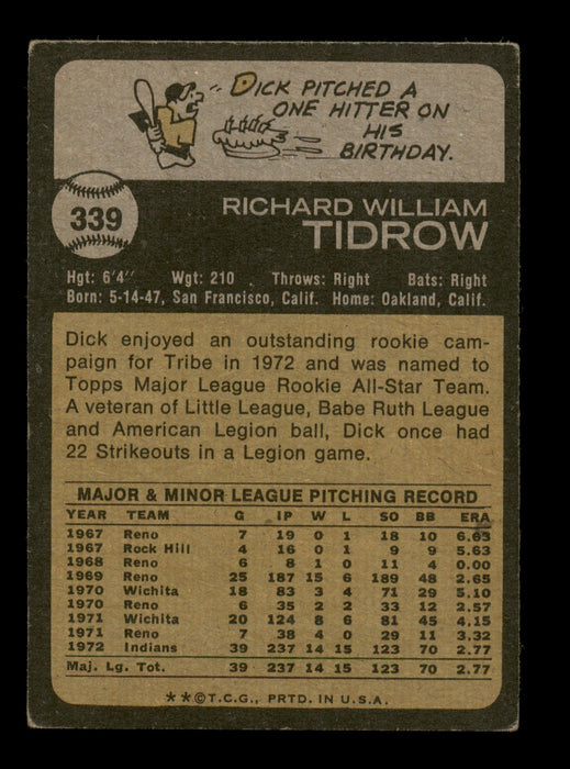 Dick Tidrow Autographed 1973 Topps Card #339 Cleveland Indians SKU #204306 - RSA