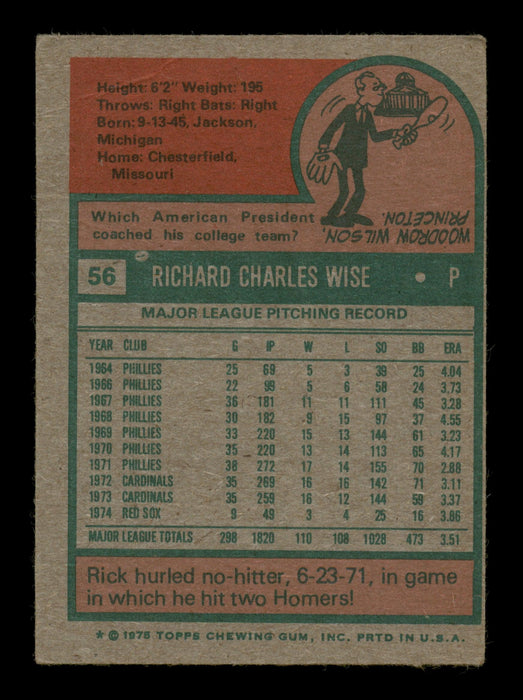 Rick Wise Autographed 1975 Topps Card #56 Boston Red Sox SKU #204395 - RSA