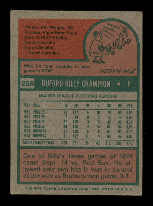 Billy Champion Autographed 1975 Topps Card #256 Milwaukee Brewers SKU #204426 - RSA