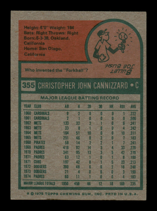 Chris Cannizzaro Autographed 1975 Topps Card #355 San Diego Padres SKU #204460 - RSA