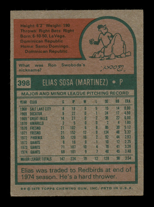 Elias Sosa Autographed 1975 Topps Card #398 St. Louis Cardinals SKU #204466 - RSA