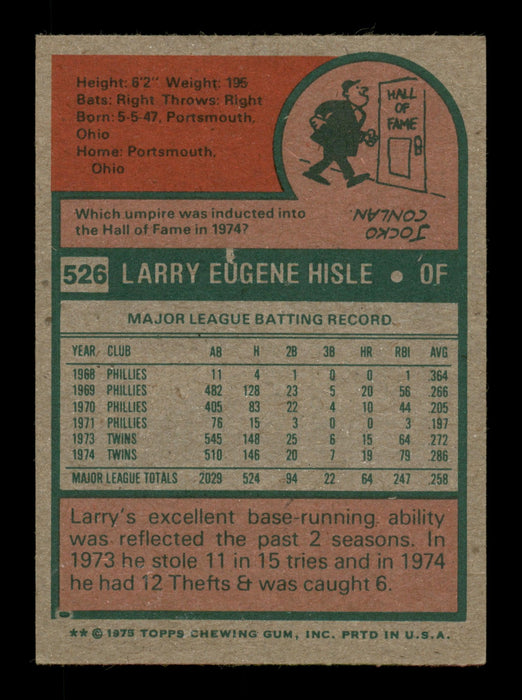 Larry Hisle Autographed 1975 Topps Card #526 Minnesota Twins SKU #204487 - RSA
