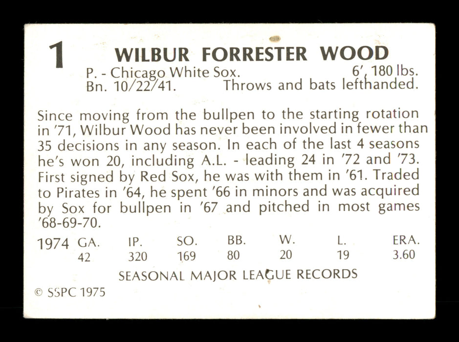 Wilbur Wood Autographed 1975 SSPC Card #1 Chicago White Sox SKU #204508 - RSA