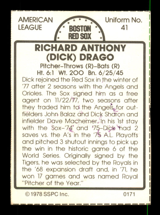 Dick Drago Autographed 1978 SSPC Card #171 Boston Red Sox SKU #204528 - RSA