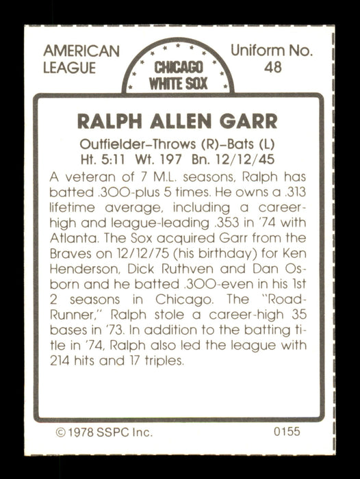 Ralph Garr Autographed 1978 SSPC Card #155 Chicago White Sox SKU #204539 - RSA