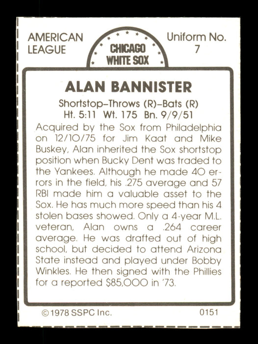 Alan Bannister Autographed 1978 SSPC Card #151 Chicago White Sox SKU #204541 - RSA