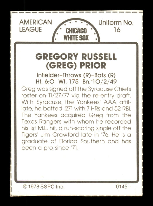 Greg Pryor Autographed 1978 SSPC Card #145 Chicago White Sox SKU #204543 - RSA