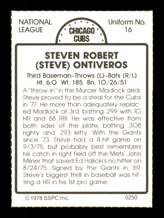 Steve Ontiveros Autographed 1978 SSPC Card #250 Chicago Cubs SKU #204554 - RSA