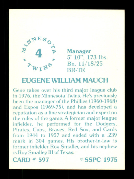 Gene Mauch Autographed 1975 SSPC Card #597 Montreal Expos SKU #204575 - RSA