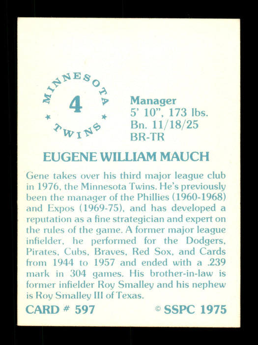 Gene Mauch Autographed 1975 SSPC Card #597 Montreal Expos SKU #204576 - RSA