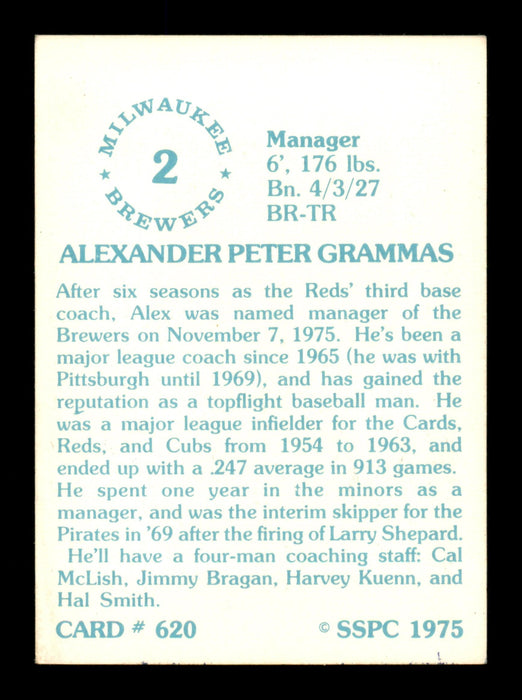 Alex Grammas Autographed 1975 SSPC Card #620 Cincinnati Reds SKU #204591 - RSA