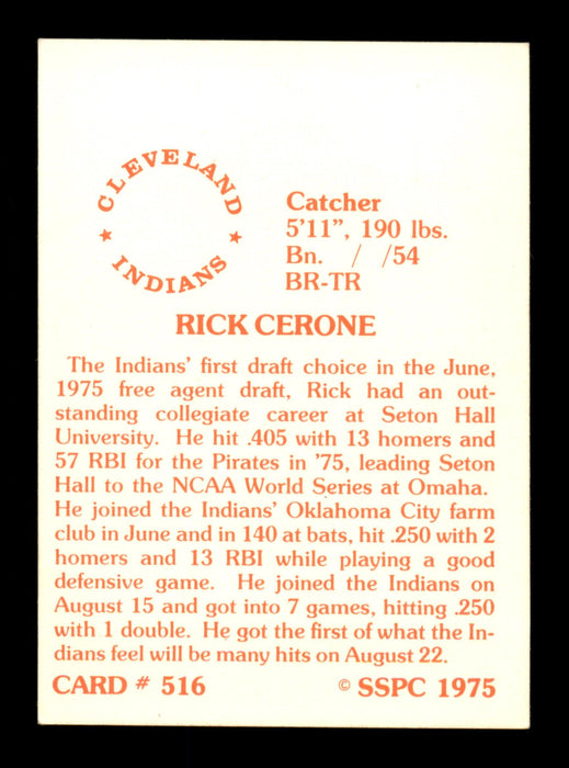 Rick Cerone Autographed 1975 SSPC Card #516 Cleveland Indians SKU #204593 - RSA