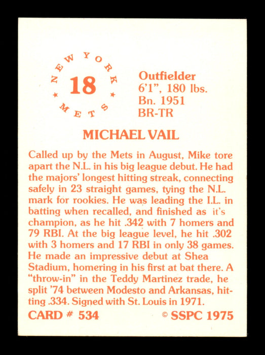 Mike Vail Autographed 1975 SSPC Card #534 New York Mets SKU #204597 - RSA