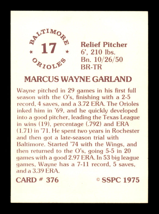 Wayne Garland Autographed 1975 SSPC Card #376 Baltimore Orioles SKU #204638 - RSA
