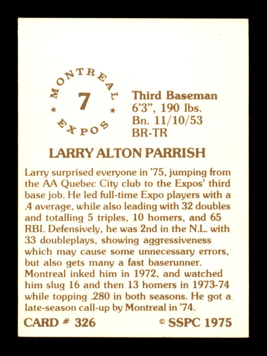 Larry Parrish Autographed 1975 SSPC Card #326 Montreal Expos SKU #204664 - RSA