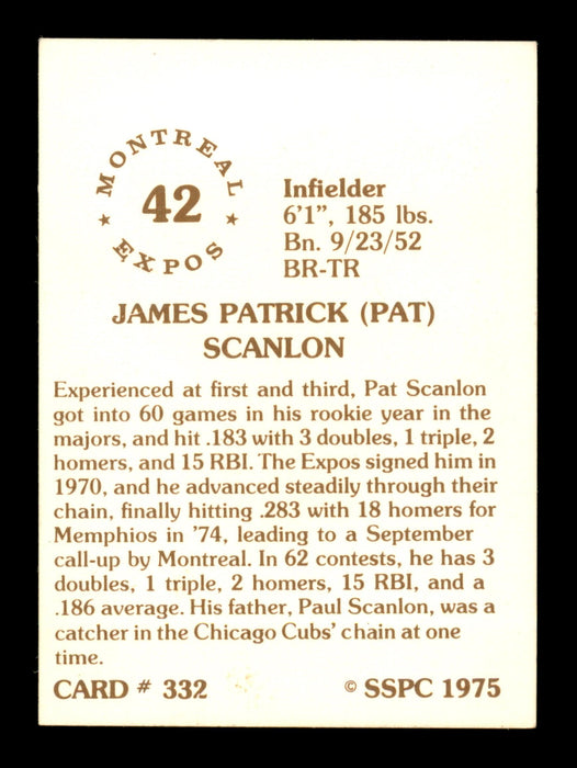 Pat Scanlon Autographed 1975 SSPC Card #332 Montreal Expos SKU #204674 - RSA