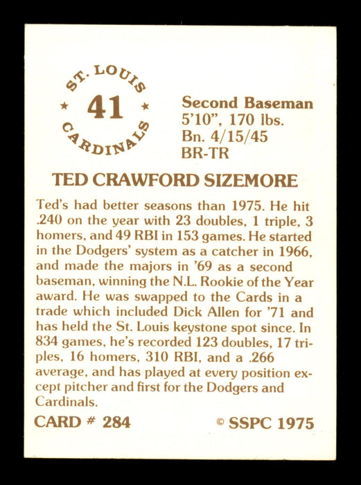 Ted Sizemore Autographed 1975 SSPC Card #284 St. Louis Cardinals SKU #204706 - RSA