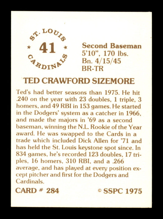 Ted Sizemore Autographed 1975 SSPC Card #284 St. Louis Cardinals SKU #204707 - RSA