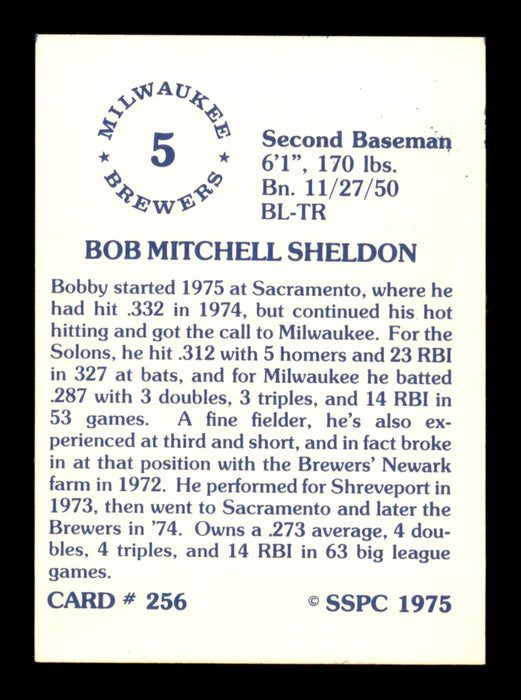 Bob Sheldon Autographed 1975 SSPC Card #256 Milwaukee Brewers SKU #204719 - RSA