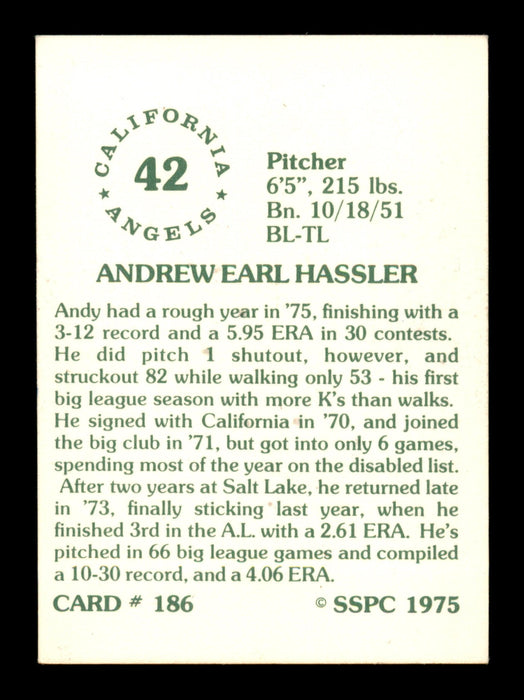 Andy Hassler Autographed 1975 SSPC Card #186 California Angels SKU #204733 - RSA