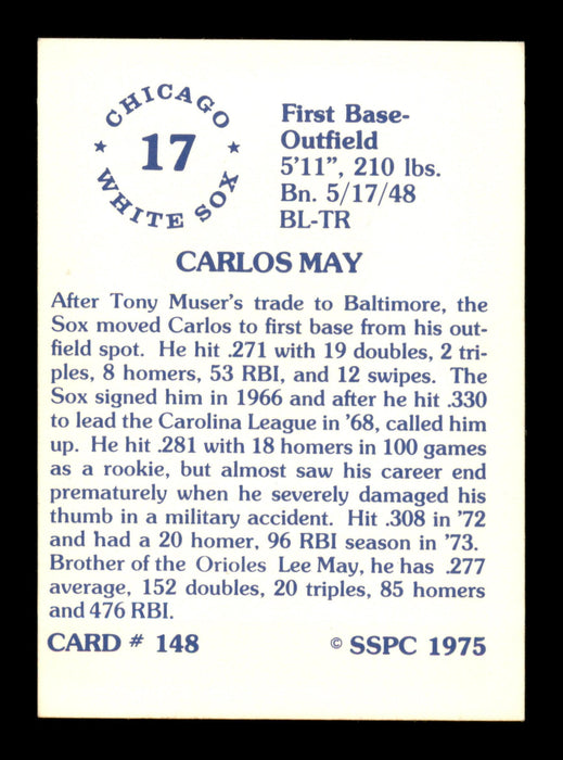 Carlos May Autographed 1975 SSPC Card #148 Chicago White Sox SKU #204751 - RSA