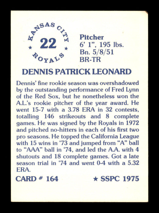 Dennis Leonard Autographed 1975 SSPC Card #164 Kansas City Royals SKU #204762 - RSA