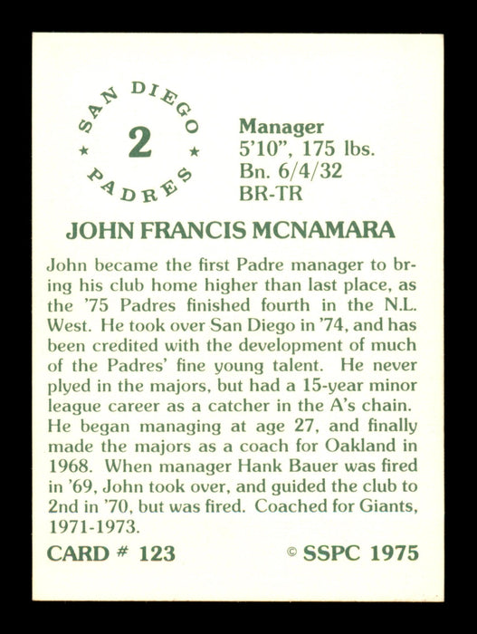 John McNamara Autographed 1975 SSPC Card #123 San Diego Padres SKU #204779 - RSA