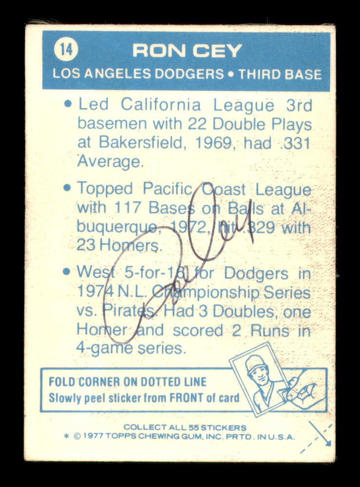 Ron Cey Autographed 1977 Topps Stickers Card #14 Los Angeles Dodgers On Back SKU #204959 - RSA
