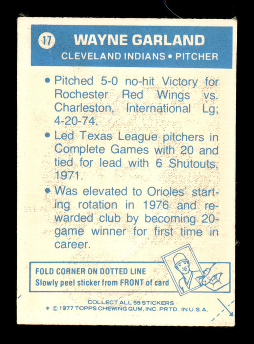 Wayne Garland Autographed 1977 Topps Stickers Card #17 Cleveland Indians SKU #204960 - RSA