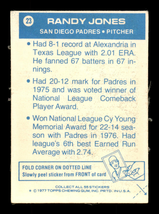 Randy Jones Autographed 1977 Topps Stickers Card #23 San Diego Padres SKU #204963 - RSA