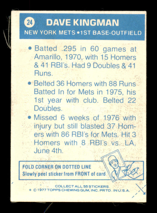 Dave Kingman Autographed 1977 Topps Stickers Card #24 New York Mets SKU #204964 - RSA