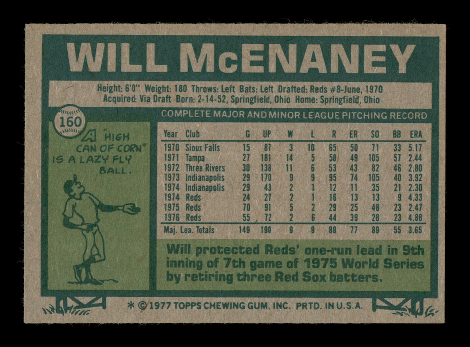 Will McEnaney Autographed 1977 Topps Card #160 Cincinnati Reds SKU #205040 - RSA