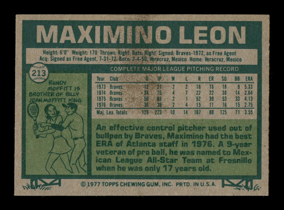 Maximino Leon Autographed 1977 Topps Card #213 Atlanta Braves SKU #205084 - RSA