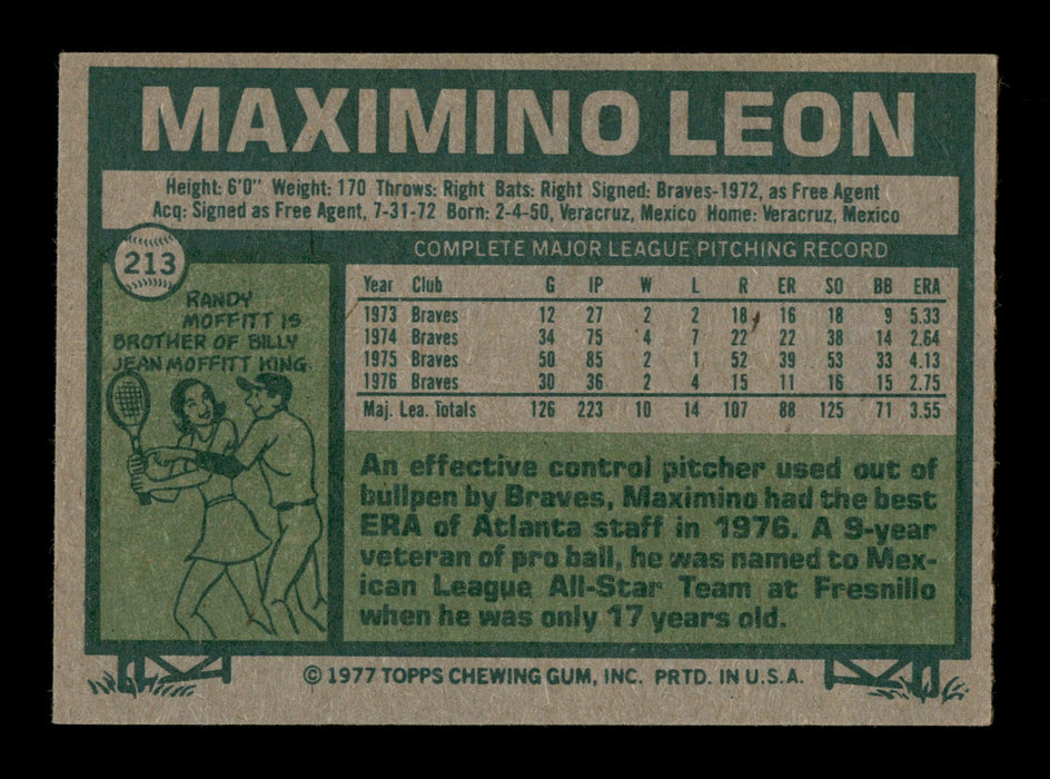 Maximino Leon Autographed 1977 Topps Card #213 Atlanta Braves SKU #205085 - RSA
