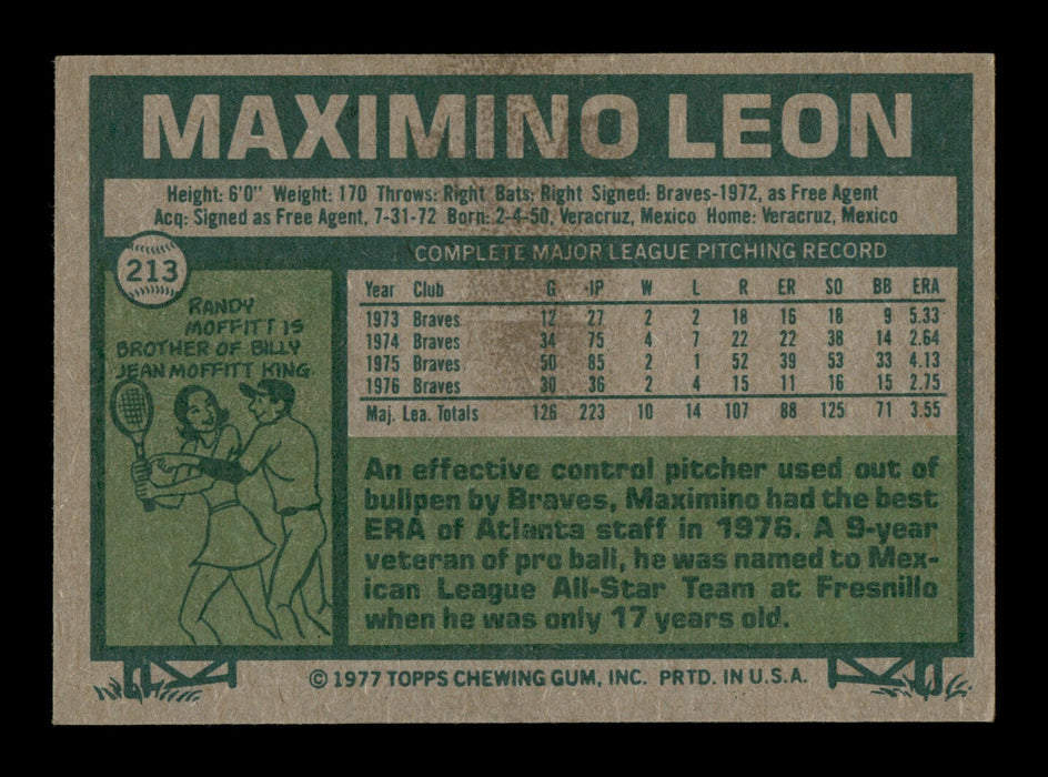 Maximino Leon Autographed 1977 Topps Card #213 Atlanta Braves SKU #205086 - RSA