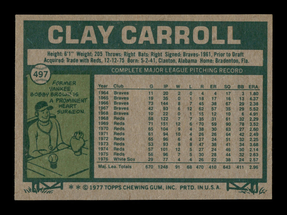 Clay Carroll Autographed 1977 Topps Card #497 Chicago White Sox SKU #205195 - RSA