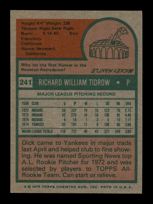 Dick Tidrow Autographed 1975 Topps Card #241 New York Yankees SKU #205310 - RSA