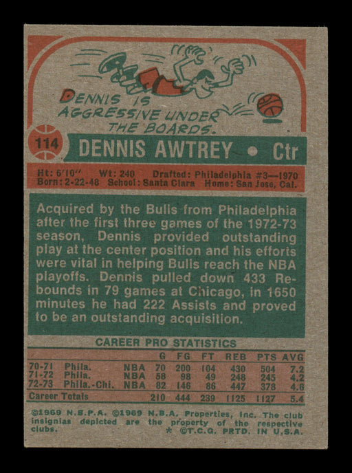 Dennis Awtrey Autographed 1973-74 Topps Card #114 Chicago Bulls SKU #205326 - RSA