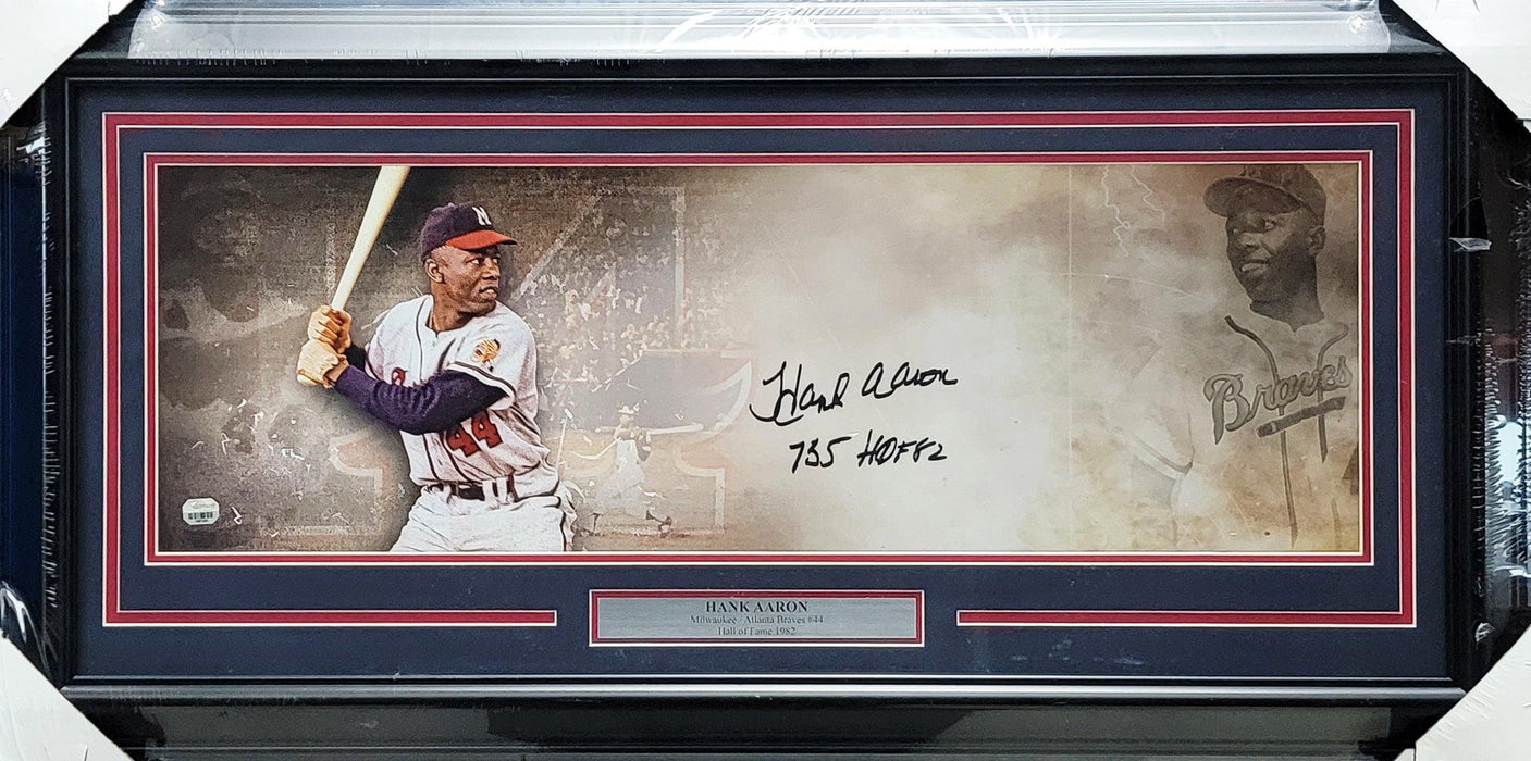 Hank Aaron Autographed Framed 10x30 Panoramic Photo Milwaukee Braves "755 HOF 82" Fanatics Holo #1087385 - RSA